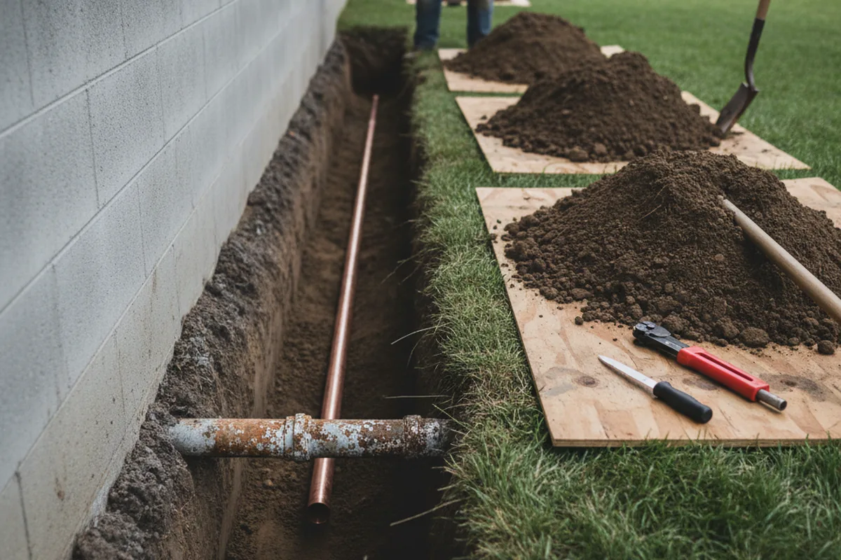 Excavated water line trench during Sewer Line Repair in Quakake